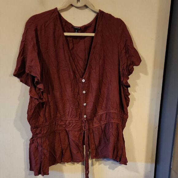 Red Flutter Sleeve Blouse with Tie Front and Ruffled Hem - Picture 1 of 5